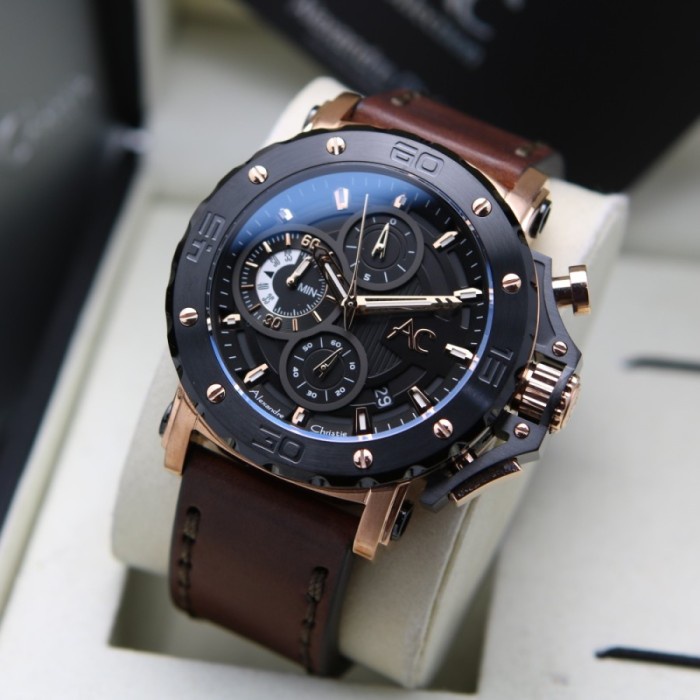 ✨Ready Jam Alexandre Christie Ac 9205 Leather Rosegold Original Garansi Resmi Diskon