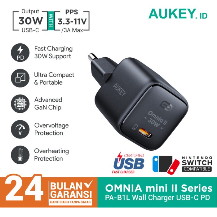 EH880 Aukey PA-B1L Charger GaN 30W PPS 25W Omnia Mini II USB Type C PD QC TERBARU