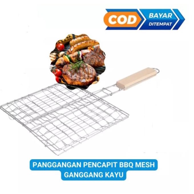 """] Alat Panggang Jepit Panggangan Ikan Stainless Steel Gagang Kayu