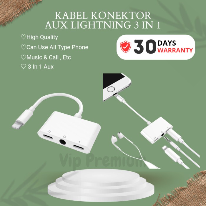 KABEL KONEKTOR IPHONE LIGHTNING ADAPTER AUX HEADSET CHARGER 3 IN 1 ORI