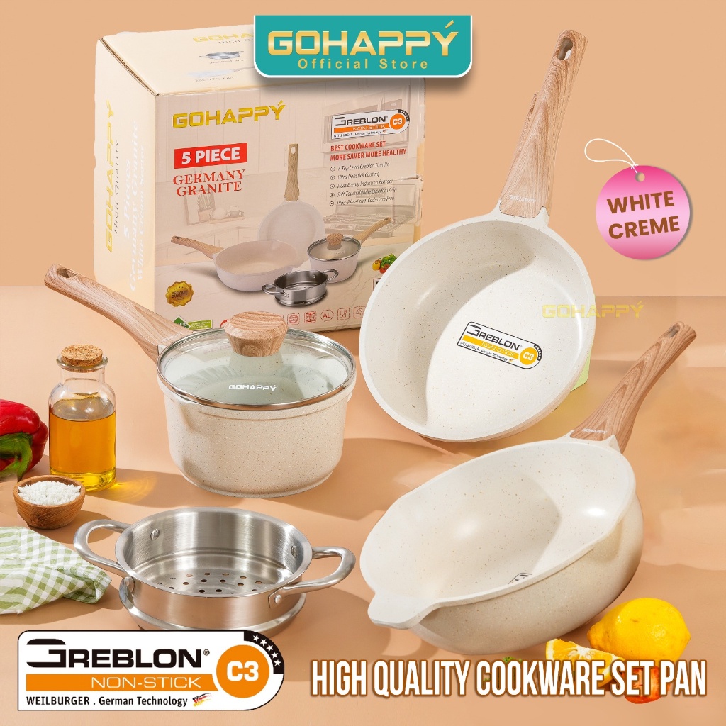 Gohappy Panci Swiss 5 Pcs Panci Set Granit Wok Fry & Sauce Pan