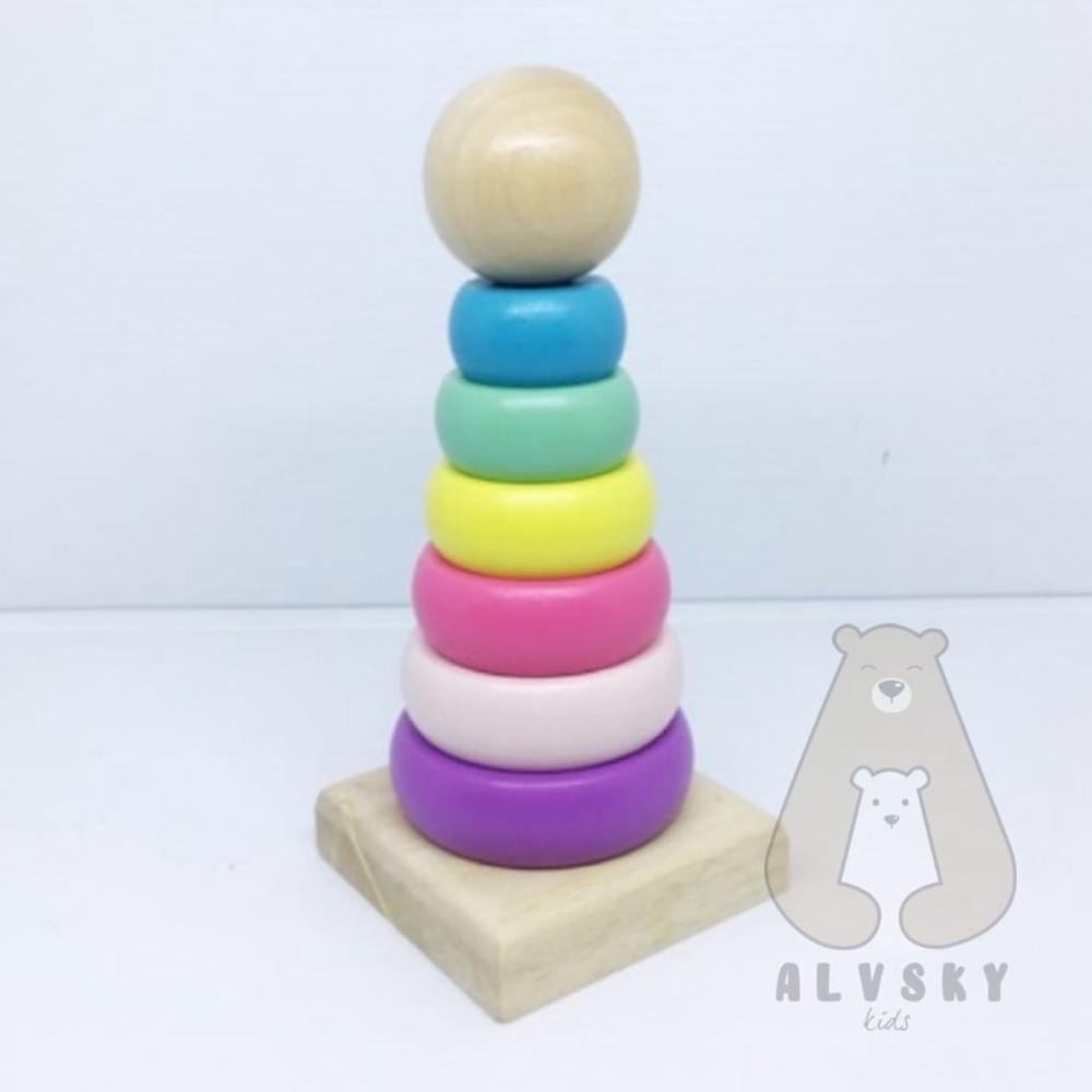 Hot - RAINBOW TOWER / MENARA DONAT KAYU / MENARA PELANGI / RING DONAT KAYU /MAINAN EDUKASI KAYU