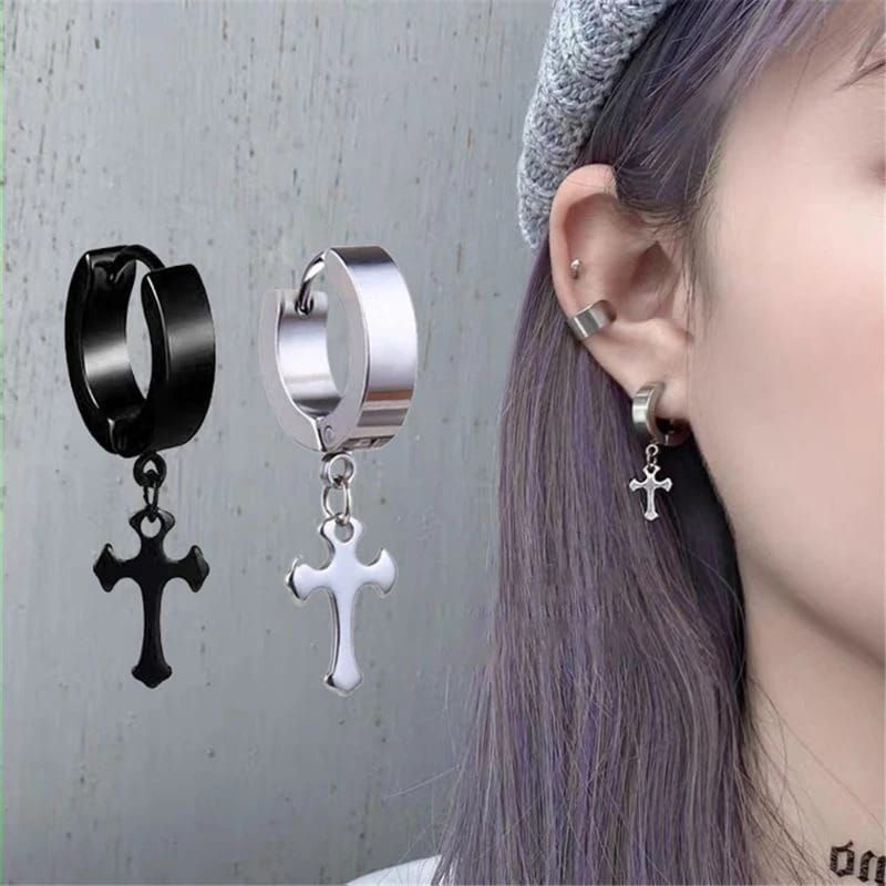Anting Tusuk Salib Titanium Pria dan Wanita Warna Emas Hitam dan Silver