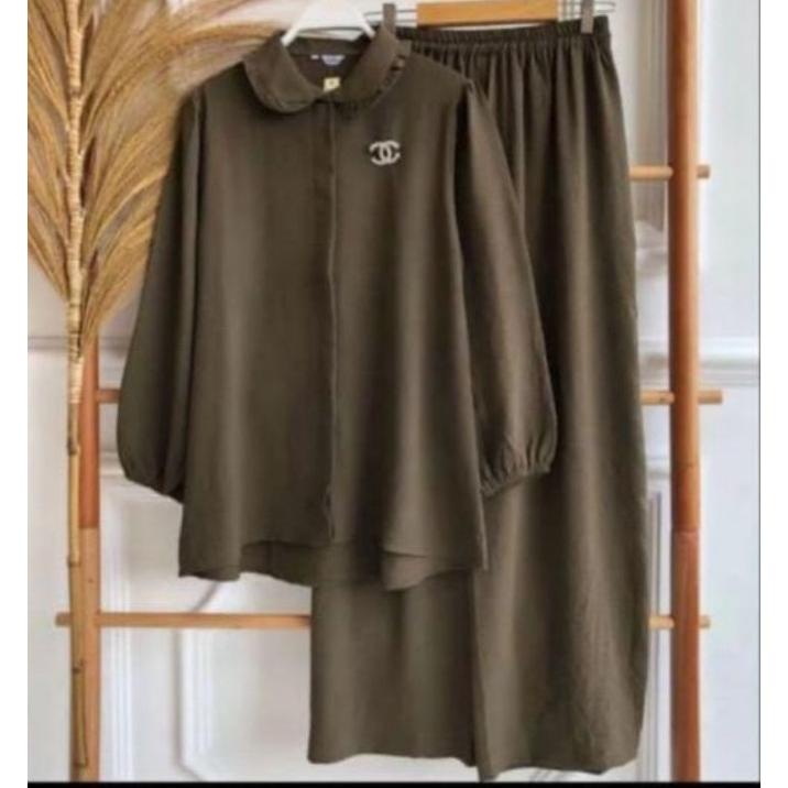 Satu Set Polos Wanita Revon Set Crinkle Airflow Ld 110 / Setelan Renda Leher Terbaru / One Set Revon