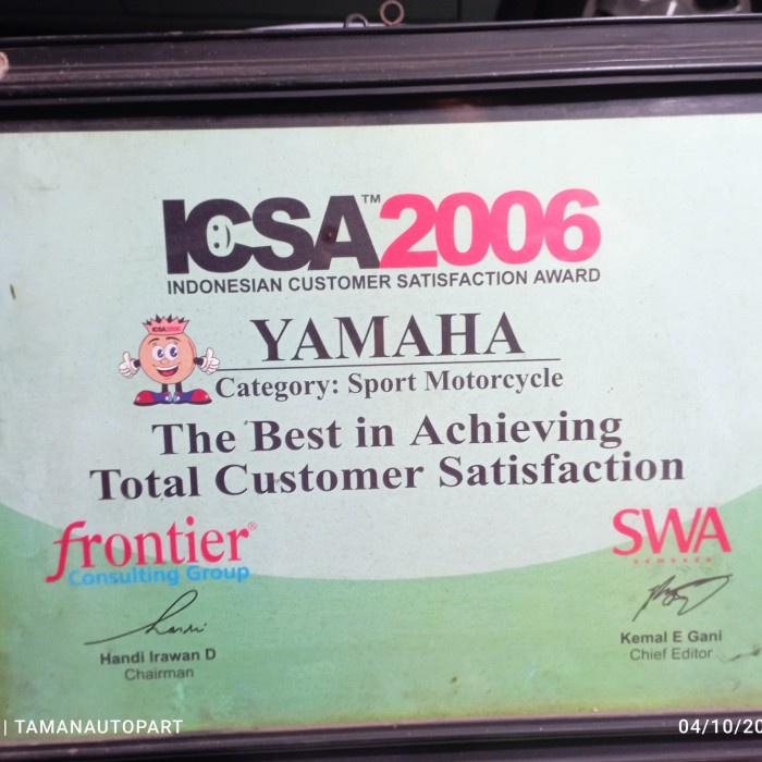 

Piagam Indonesia Customer Satisfaction Award 2006 Bengkel Yamaha Ori Best