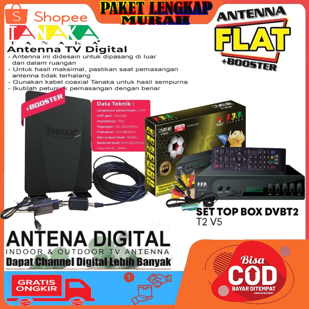 SET TOP BOX TV DIGITAL TANAKA v5 DVB T2 1080P/TANAKA ANTENA TV DIGITAL FLAT +BOSTER INDOOR OUTDOOR
