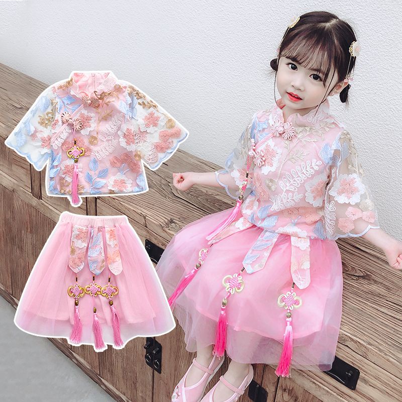 Hanfu Rok Tipis Anak-anak, Setelan Rok Gaya Barat Cheongsam Tipis