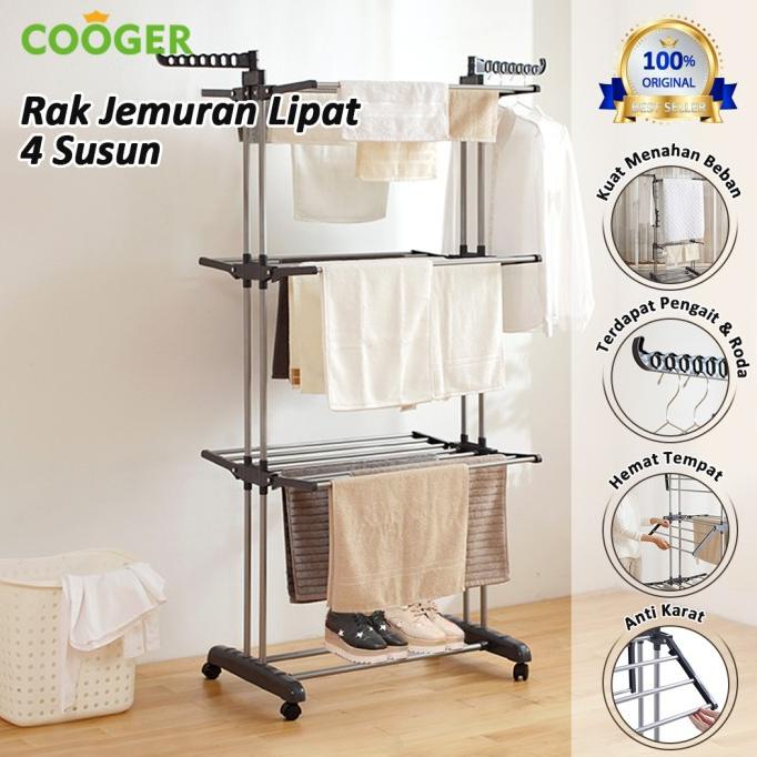 COOGER Rak Jemuran Baju Stainless Steel Rak Jemuran Handuk 4 Susun