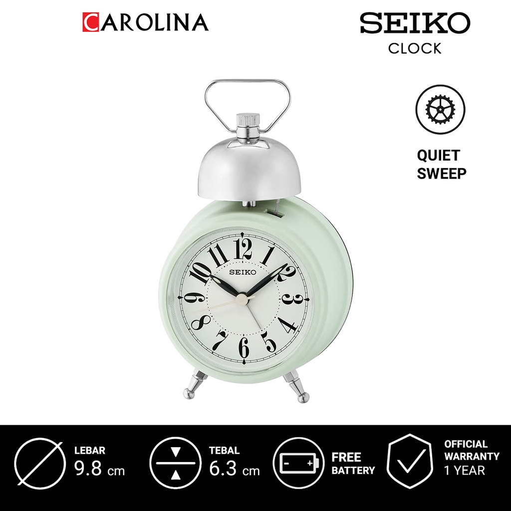 Jam Beker QHK055M SEIKO QHK055M Quiet Sweep Analog Pale Green Plastic Case White Dial Bedside Bell A