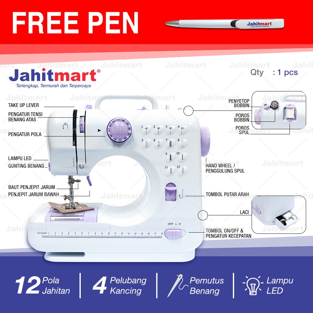 kom Mesin Jahit Mini Portabel 505A Multifungsi 12 Pola mesin Jahit Listrik Pakaian Jahit Tangan