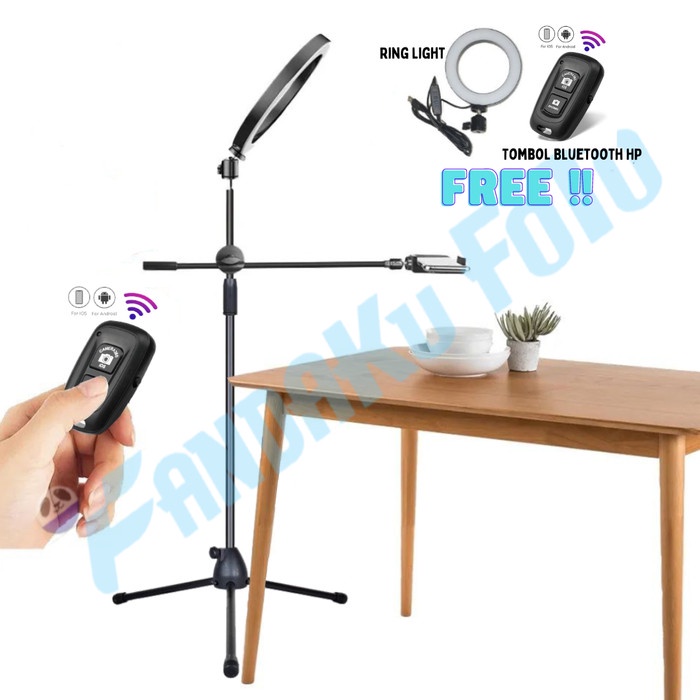 Terbaru Tripod Arm Stand Hp Iphone Android + Tombol Bluetooth + Ring Light Promo Terlaris