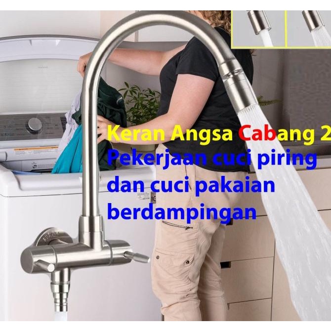 Keran Bebek Angsa Cabang 2 Stainless 304. Keran Sink Dapur, Mesin Cuci