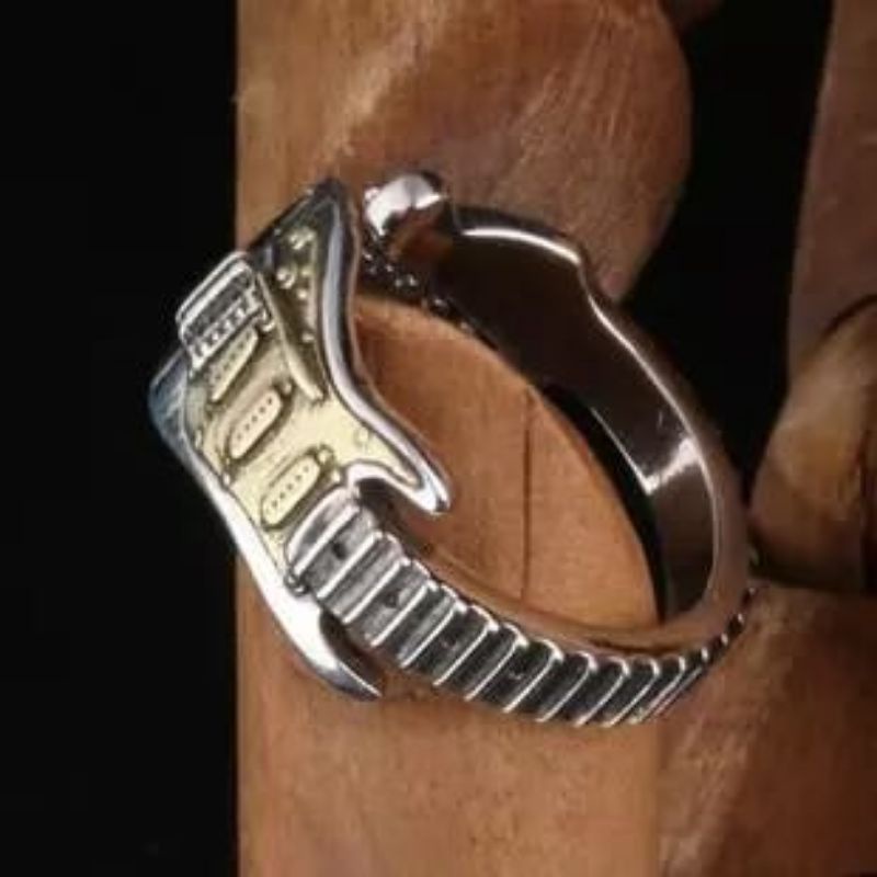 Cincin Pria Silver Gitar Punk Rock Metal