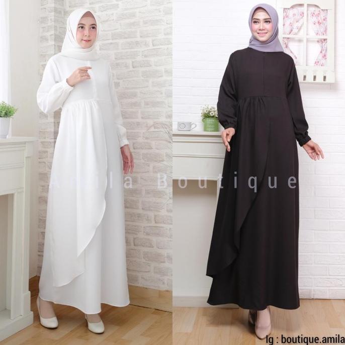 Baju Gamis Wanita Hitam Putih Polos/ Dress Muslim Mina Busui s/d Jumbo
