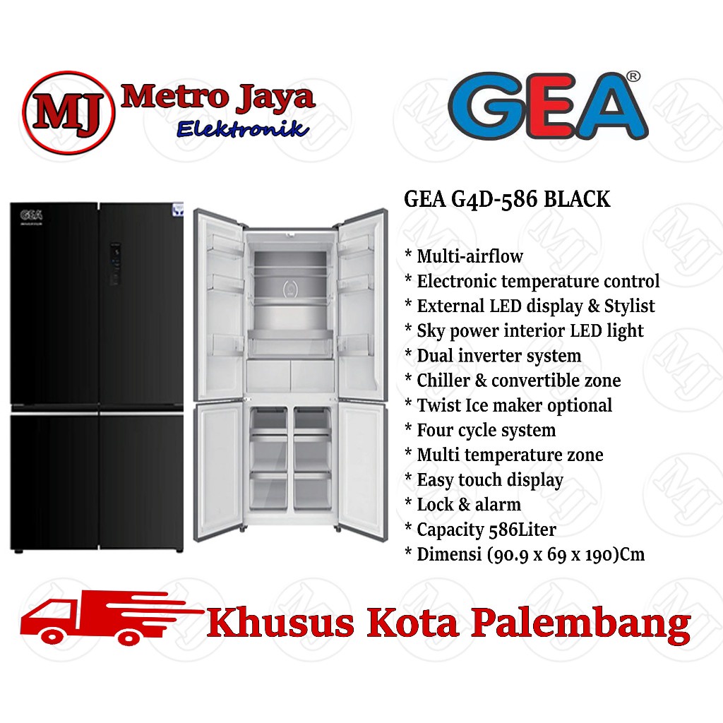 GEA Kulkas side by side 4 pintu G4D-586 Black Glass 586 Liter Black
