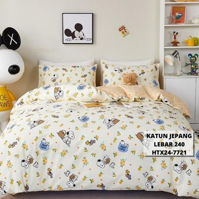 Sprei Katun Jepang Anak 2312065 Snoopy Peanuts Putih Bunga Cute Seprei Dibalikawan11