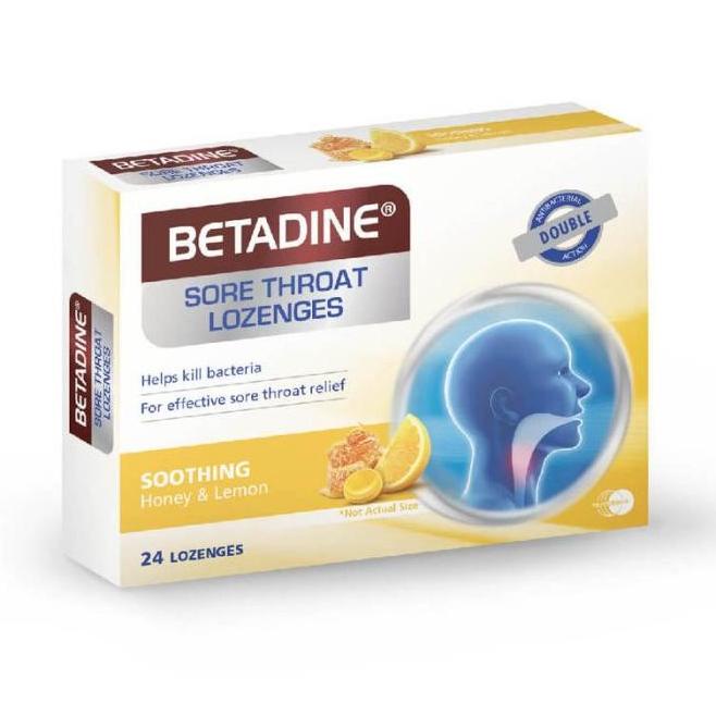 Original Betadine Sore Throat Lozenges Soothing Honey & Lemon, 24Pcs