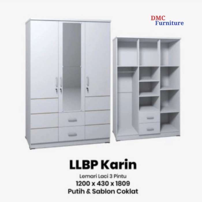LEMARI BAJU PUTIH 3 PINTU LEMARI PAKAIAN PUTIH LACI 2 CERMIN