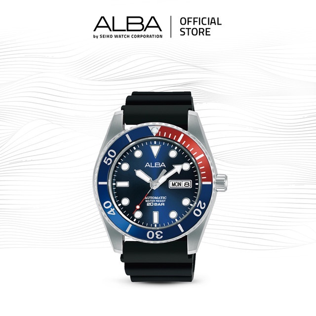 Alba Jam Tangan Pria AL4425 / AL4425X1 Automatic Blue Dial Black Rubber Strap Watch