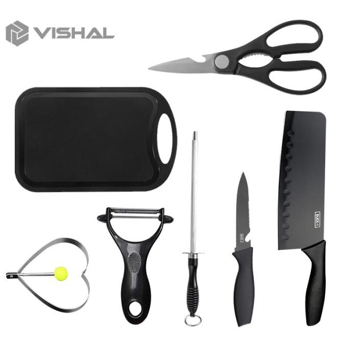 Produk Terbaik] VISHAL 7 in 1 Set Pisau Dapur Knife Set Pisau Black Marble Keramik