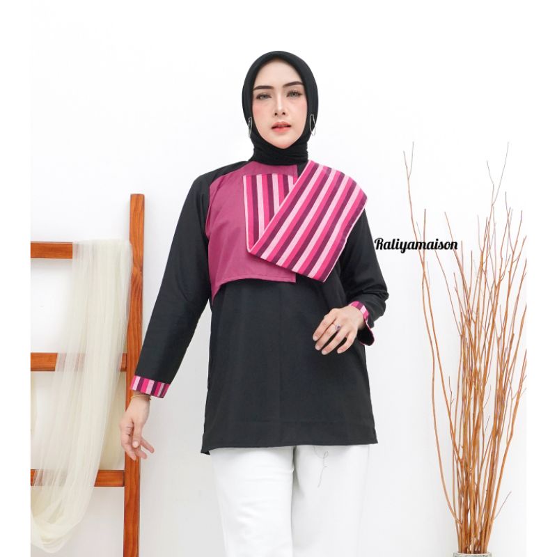 BLOUSE LURIK | BLOUSE LURIK KOMBINASI | BLOUSE LURIK WANITA MODERN | RENJI BLOUSE PINK | RALIYA MAIS