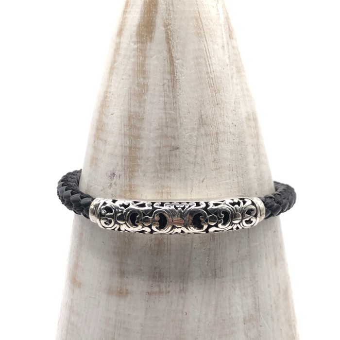 Gelang - Gelang Kulit Perak Motif Kembang Bunga Biker Cowok Pria