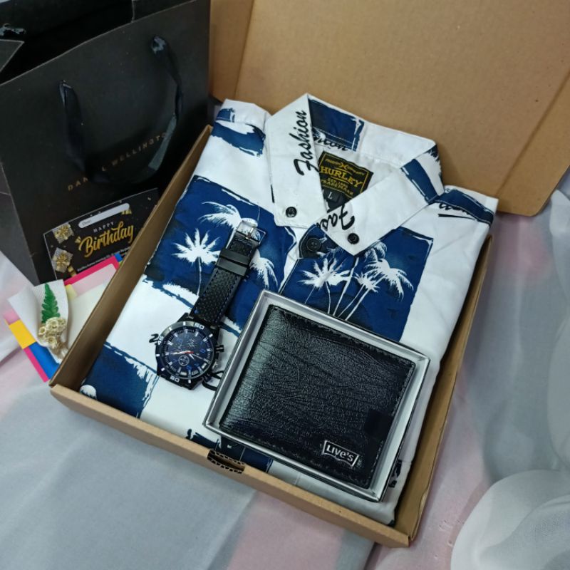 Paket hampers cowok Bisa COD Kemeja distro cowok 02 parfum cowok jam tangan dompet cowok kado ulang 