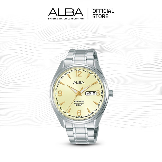 Alba Mechanical Jam Tangan Pria AL4155 / AL4155X1 Automatic Light Gold Dial Stainless Steel Strap Wa
