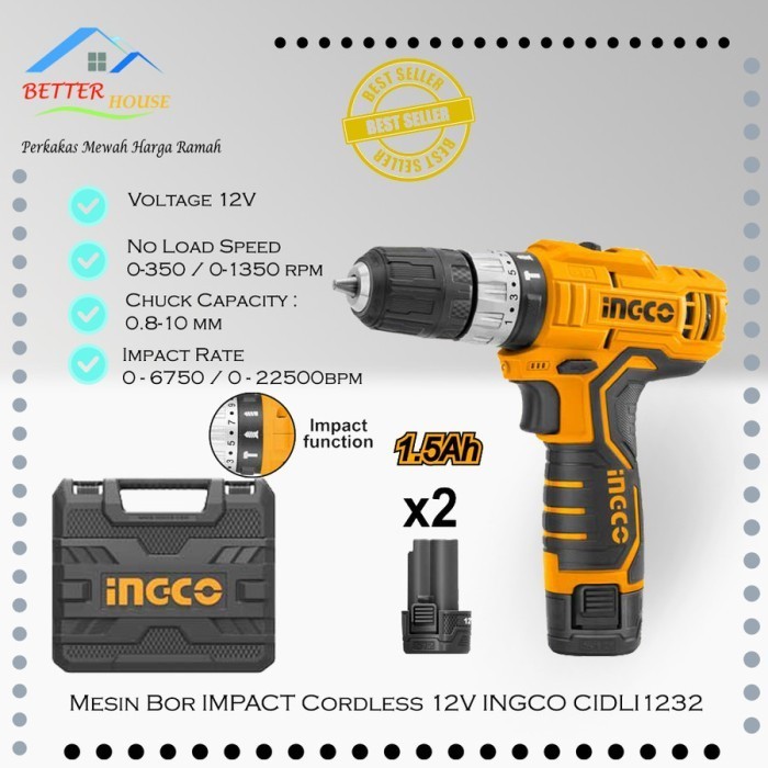 ✨New Ingco Mesin Bor Impact Cordless 12V Cidli1232 Terbaru