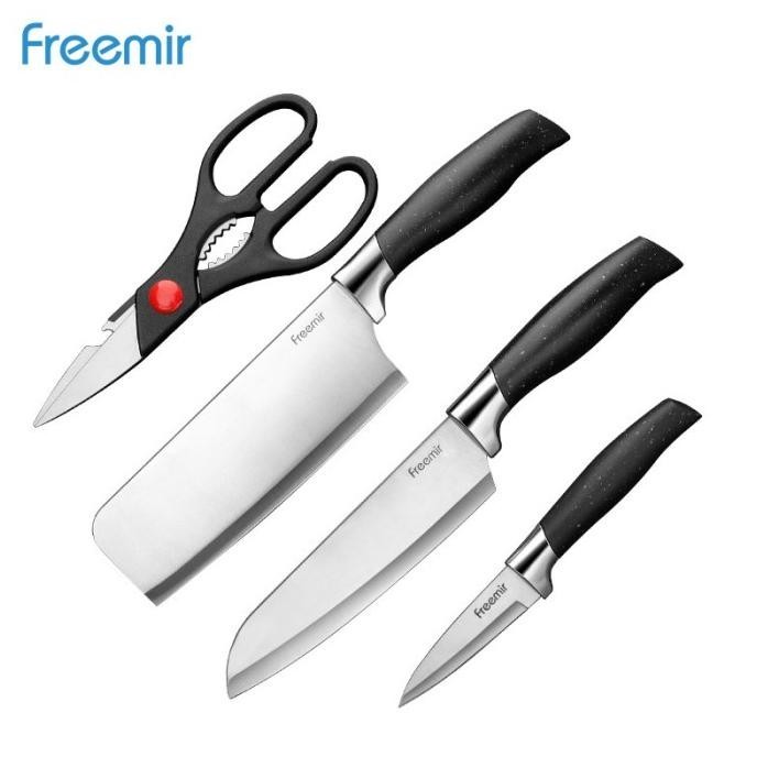 freemir Set Pisau 4 Pcs Pisau Dapur Gagang Hitam Corak - Silver