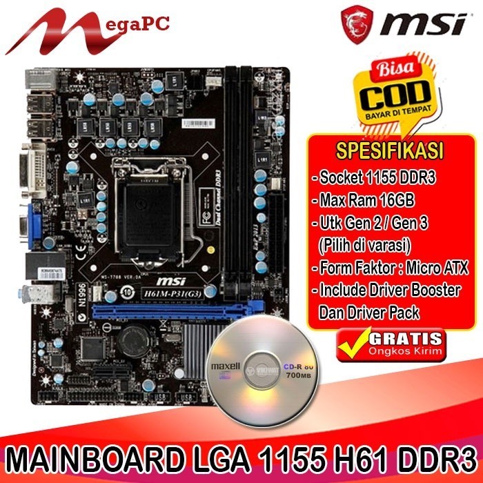 Mobo Mainboard Motherboard Soket Lga 1155 H61 Ddr3 Msi