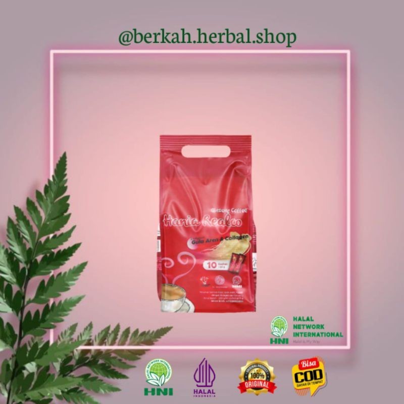 

HANIA COFFEE GINSENG PLUS KOLAGEN HNI HPAI // KOPI ISI 10 SACHET