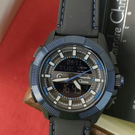 ✅New Ori Jam Pria Dual Time Original Alexandre Christie Acf 9374 Mh Rubber Terbatas