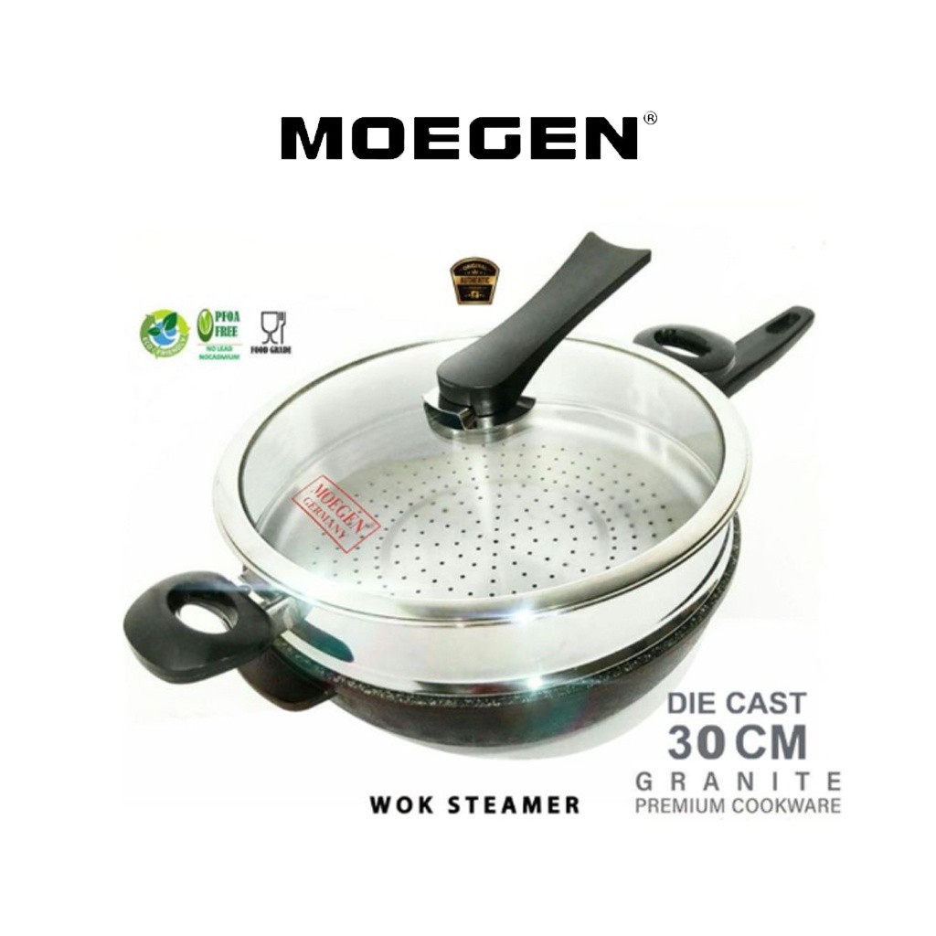 Moegen Germany Wok Pan Moegen Panci Wajan Moegen + Steamer 30Cm Marble Coating Wajan Dengan Kukusan