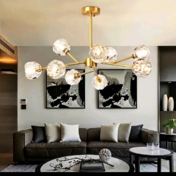 LAMPU GANTUNG PLAFON MINIMALIS CRYSTAL GOLD HIAS RUANG TAMU