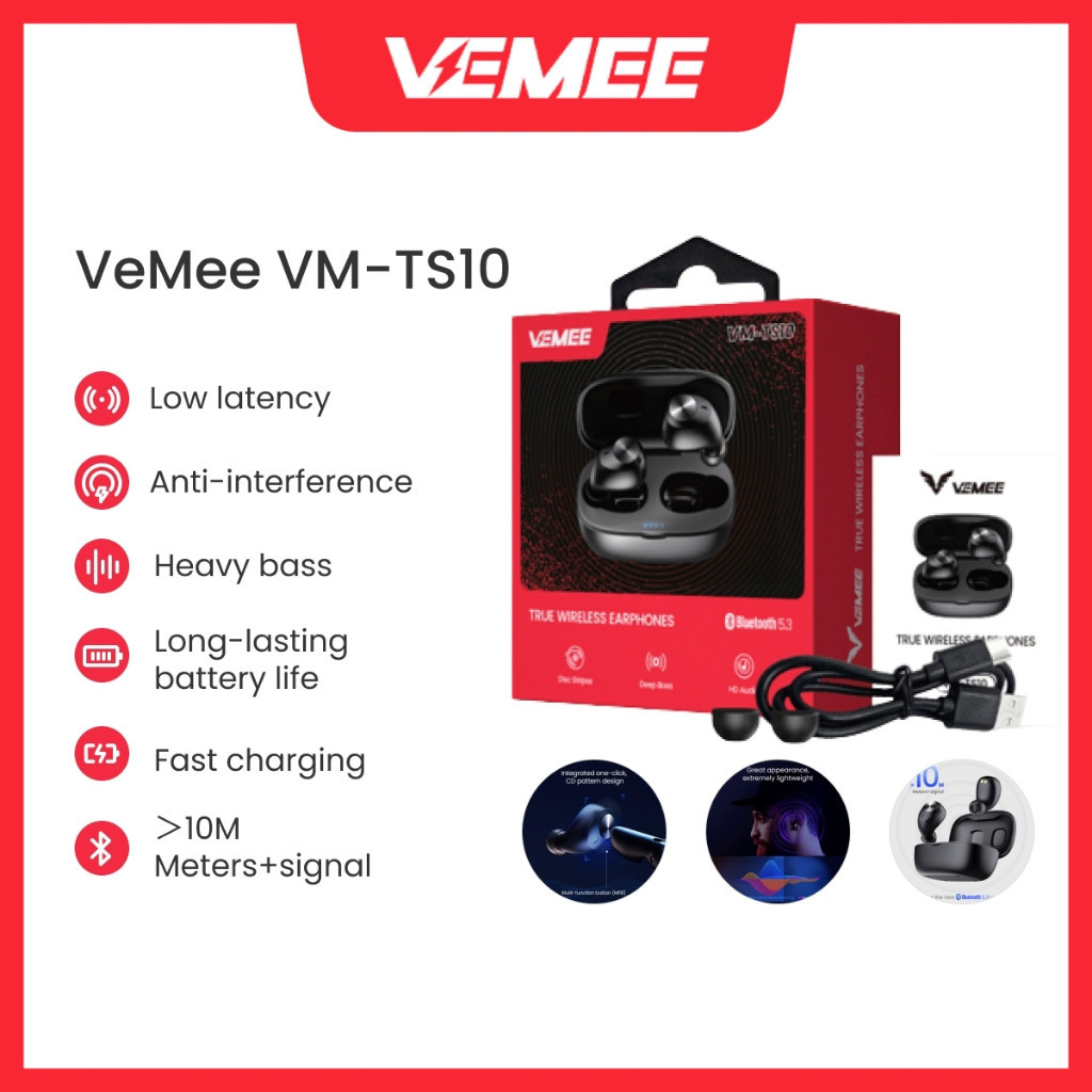 VeMee VM-TS10 TWS True Wireless Earphone Bluetooth Headset Bluetooth 5.3 Earphone Ready Earbuds 100%