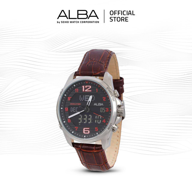Alba Jam Tangan Pria Digital AZ4033 / AZ40338X1 Quartz Black Dial Brown Genuine Leather Strap Watch