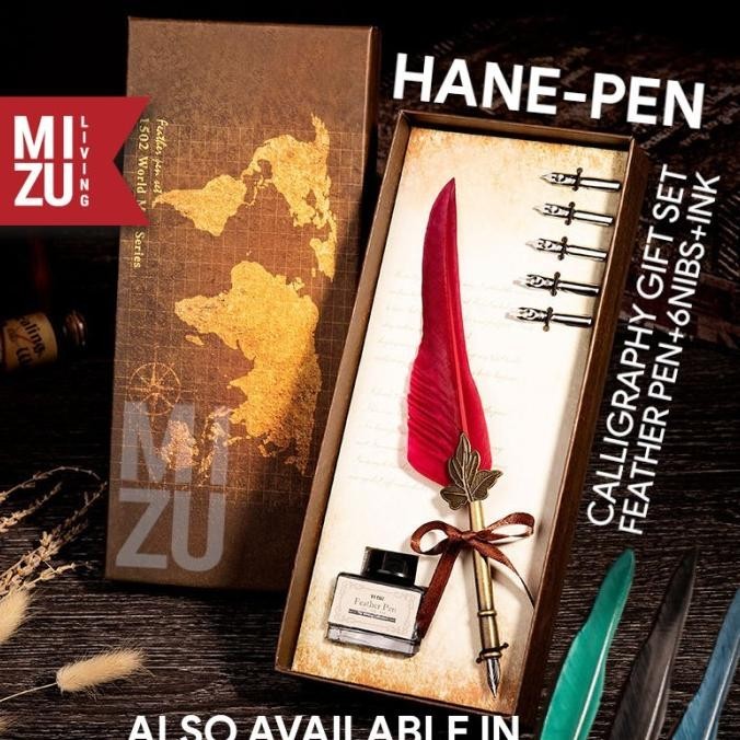 

Mizu Hanepen Calligraphy Set Feather Quill Dip Pen Bulu 6 Nibs 1 Ink