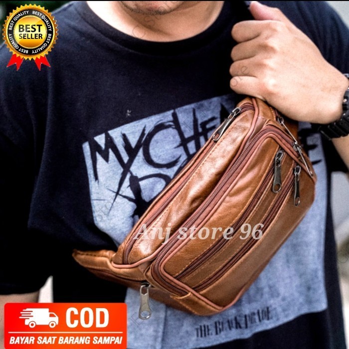 tas selempang pria tas pinggang kulit asli tas selempang kulit waistbag kulit asli pria - Hitam, JUM