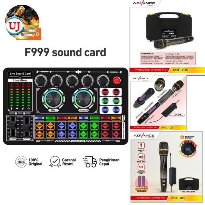 Paket Soundcard F999 Mic Wireless Advance Mic-105 Live Streaming