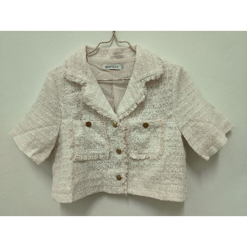 Marveile Soft Pink and White Tweed Crop Top with Unfinished Cutting