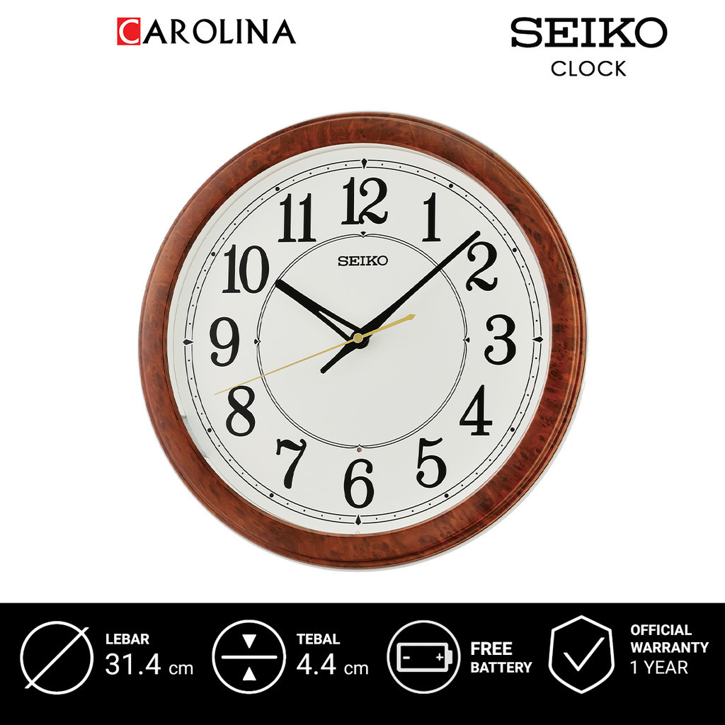 Jam Dinding QXA788B SEIKO Analog White Dial Brown Wood Pattern Plastic Case Auto LED Wall Clock