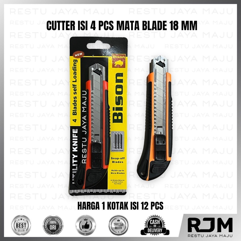 [12 pcs]  BISON Cutter  - Pisau Cutter Besar Isi 4pcs Mata Blade 18mm