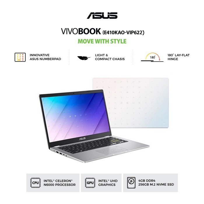 PROMO NOTEBOOK ASUS E410KAO VIPS622 N6000 4GB 256GB WINDOWS 11+OHS WHITE #ORIGINAL