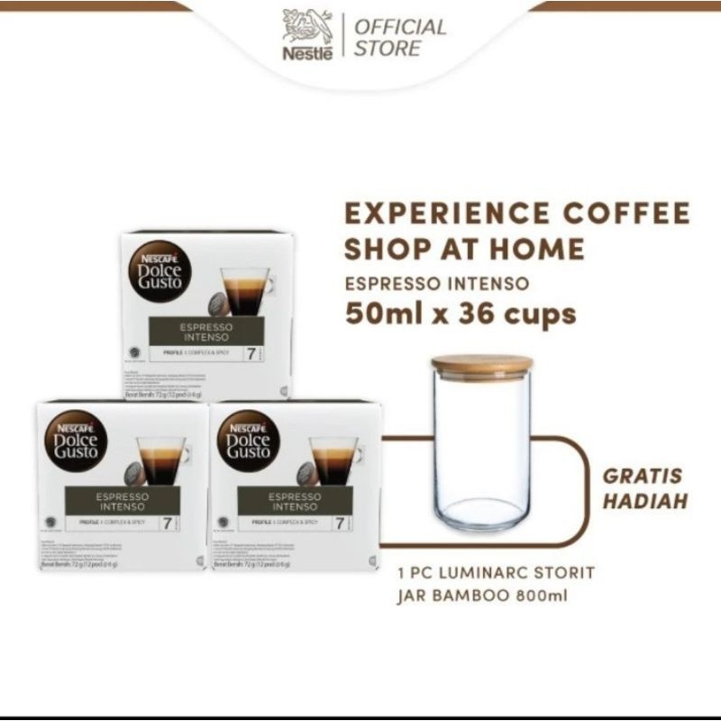 

Promo paket 3 box Nescafe dolce gusto Espresso Intenso free Luminarc storit 800ml