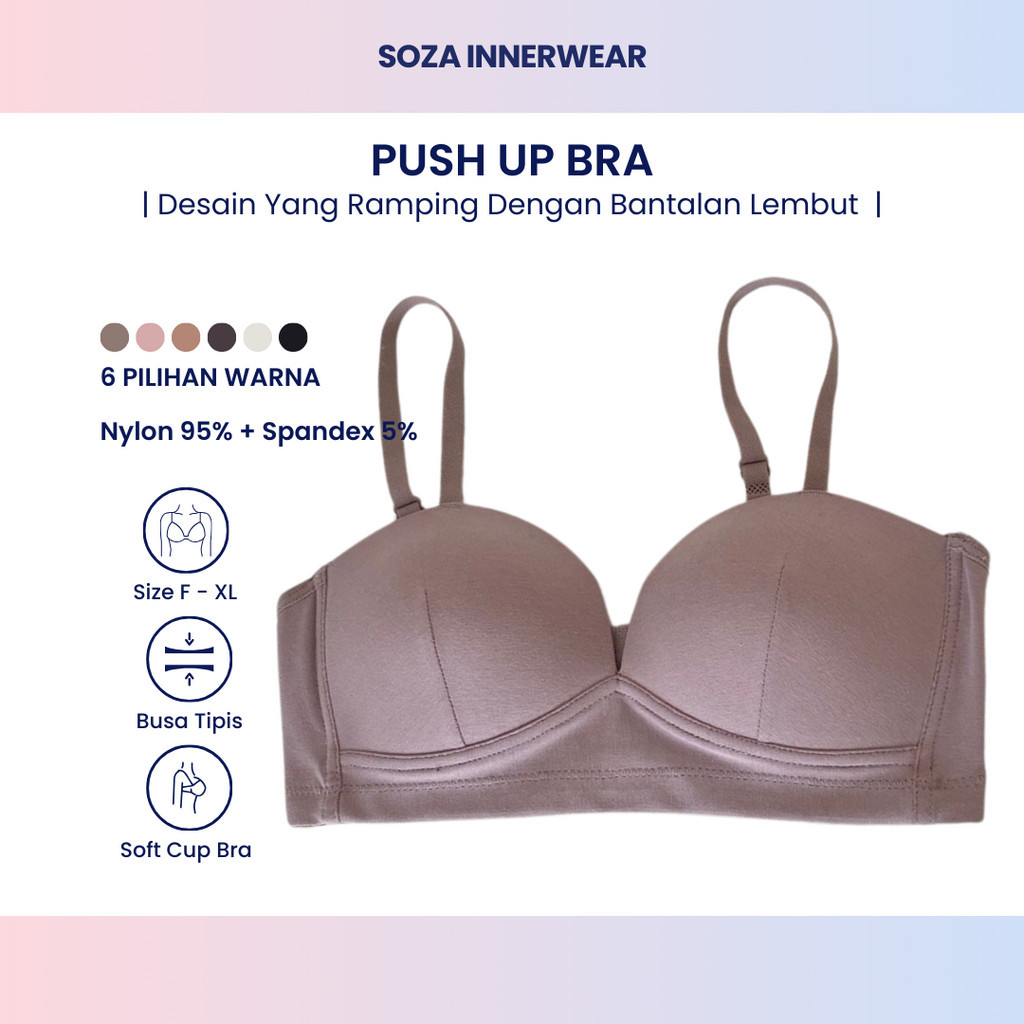 Push Up Bra Wanita 1028 BH Busa Tipis Tanpa Kawat Motif Polos Ada Pengait 3 Tiga Tali BH Anti Meloro