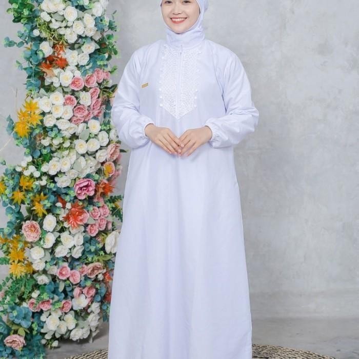 Baju Dress Gamis Wanita Umroh Haji Ihrom Saku Resleting Renda Katun