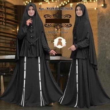 HARGA DISKON 5736 Baju muslim gamis set hitam busui jilbab instan panjang no pad