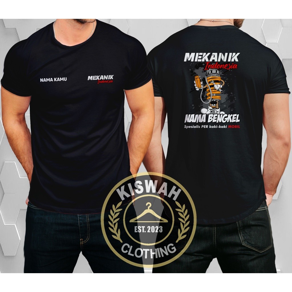 Kaos Tshirt Mekanik Indonesia Spesialis Per Kaki-kaki Mobil Gratis Nama Kamu dan Nama Bengkel Baju O