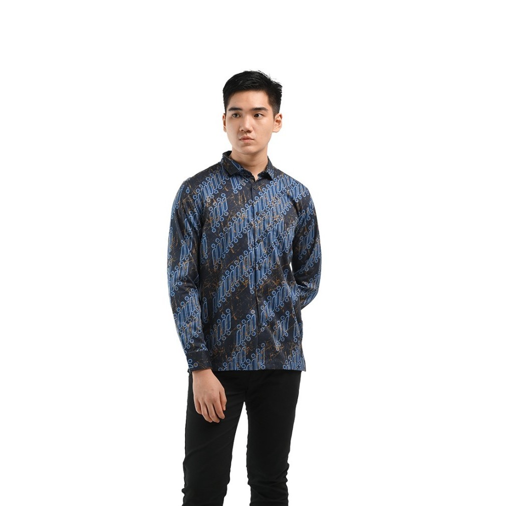 Terlaris Manzone Kemeja Batik Pria Lengan Panjang Modern Fit Abyas 3-Blue Promo Terbaru